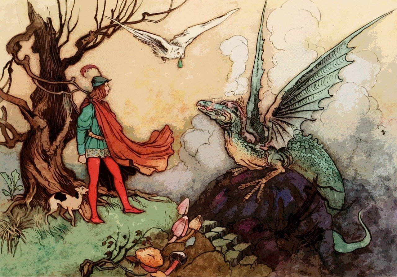 Man facing dragon in medieval times